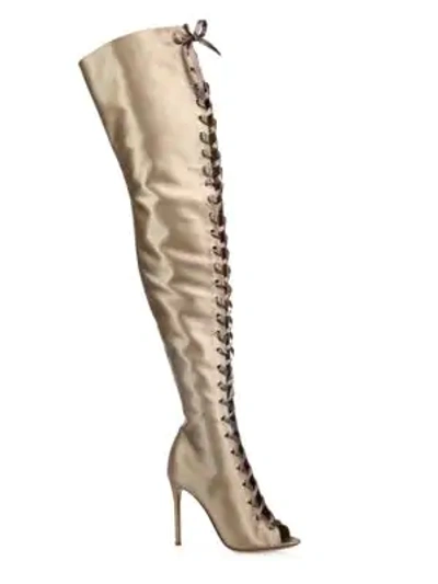 Shop Gianvito Rossi Marie Satin Over-the-knee Lace-up Peep Toe Boots In Bisque