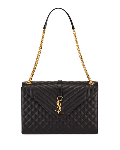 Shop Saint Laurent Envelope Triquilt Large Ysl Shoulder Bag In Grained Leather In Black