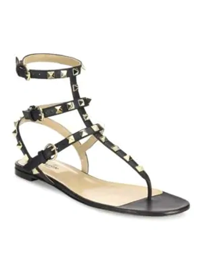 Shop Valentino Women's Rockstud Ankle-strap Leather Thong Sandals In Black