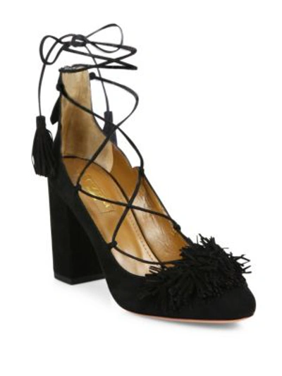 Shop Aquazzura Wild Fringed Suede Lace-up Block Heel Pumps In Black