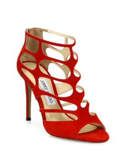 Shop Jimmy Choo Ren Suede Cutout Peep Toe Sandals In Red