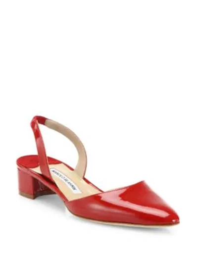 Shop Manolo Blahnik Aspro Patent Leather Block Heel Slingbacks In Brick Red