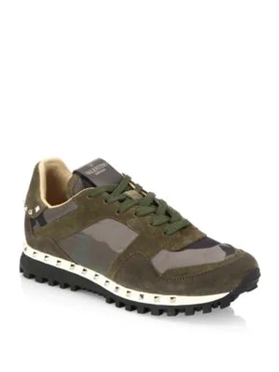 Shop Valentino Garavani Studded Suede & Camo Sneakers In Army