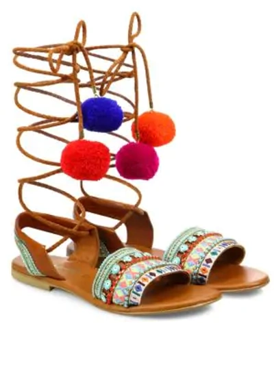 Shop Elina Linardaki L.a. Lover Embroidered Leather High-wrap Sandals In Multi