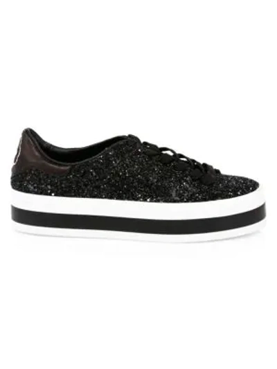 Shop Alice And Olivia Ezra Glitter Leather Platform Sneakers In Black