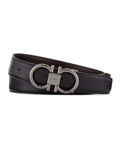 Shop Ferragamo Men's Double-gancini Reversible Leather Belt In Black