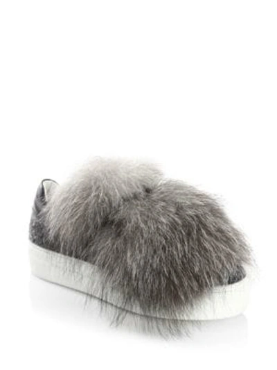Shop Moncler Fox Fur & Leather Sneakers In Grey