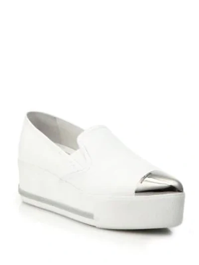 Shop Miu Miu Cap Toe Leather Wedge Skate Sneakers In White