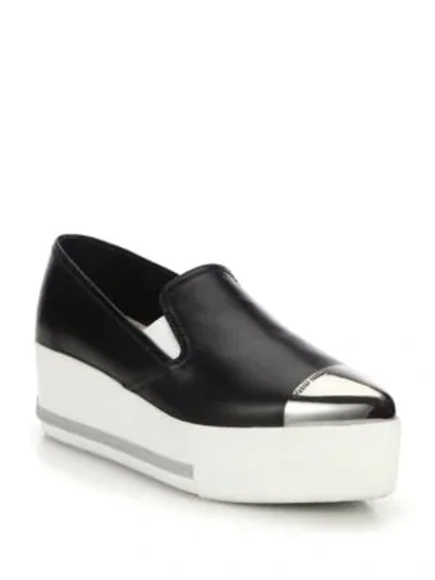 Shop Miu Miu Cap Toe Leather Wedge Skate Sneakers In Black