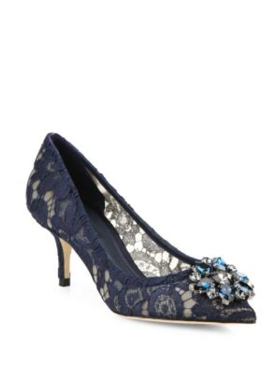 Dolce & Gabbana Embellished Lace Point Toe Pumps In Blue