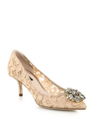 Shop Dolce & Gabbana Embellished Lace Point Toe Pumps In Sand