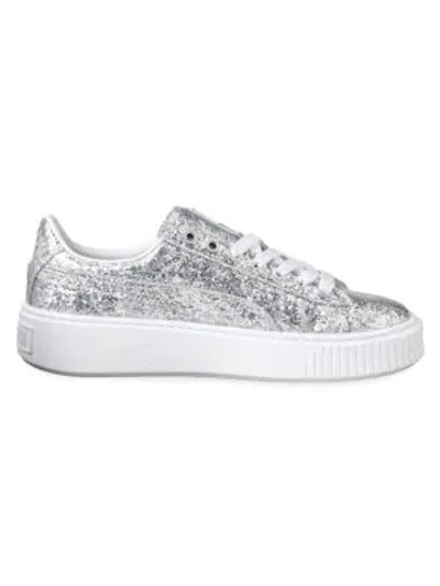 Shop Puma Basket Glitter Platform Sneakers In Grey