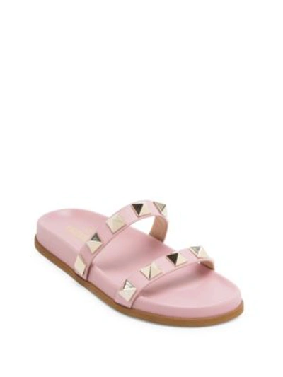 Shop Valentino Lock Leather Slides In Light Pink