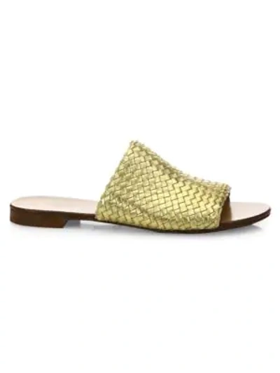 Shop Michael Kors Byrne Woven Metallic Leather Slides In Gold