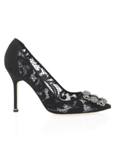 Shop Manolo Blahnik Hangisila 105 Embellished Lace Pumps In Black