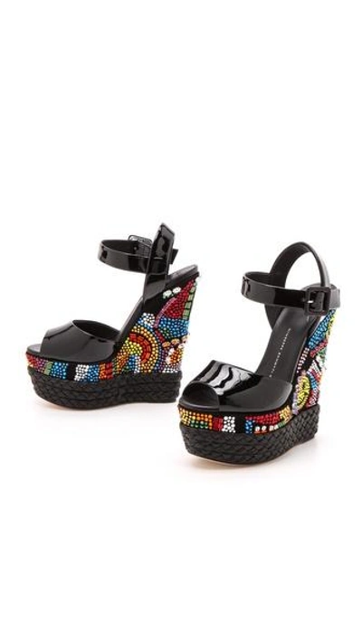 Shop Giuseppe Zanotti Crystal Wedge Platform Sandals In Black Multi