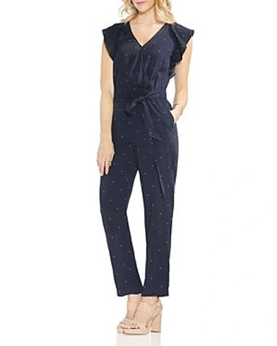 Shop Vince Camuto Flutter-sleeve Dot-print Jumpsuit In Classic Navy