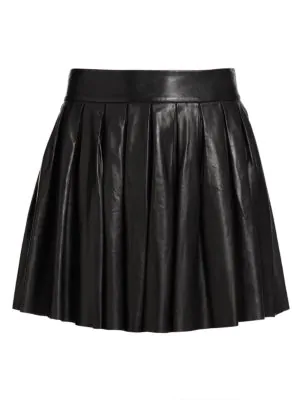 Alice And Olivia Pleated Leather Mini Skirt In Black | ModeSens