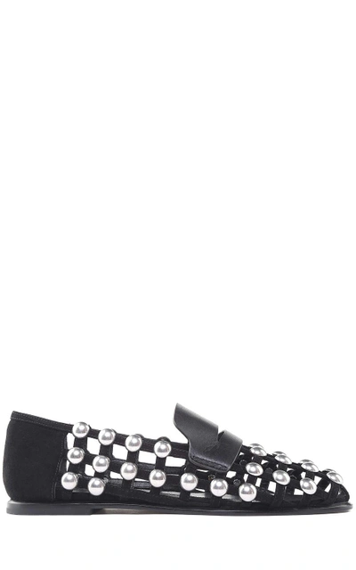 Shop Alexander Wang Sam Studded Leather And Suede Caged Loafers In Nero
