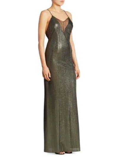 Shop Galvan Sleeveless Metallic Gown In Metallic Dark Green