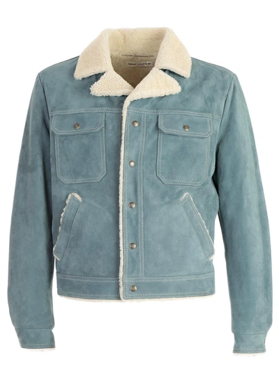 Shop Saint Laurent Shearling Jacket In Blue Denim Beige