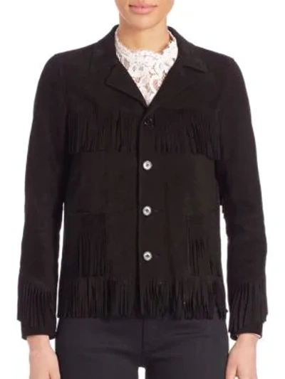 Shop Saint Laurent Curtis Suede Fringe Jacket In Black