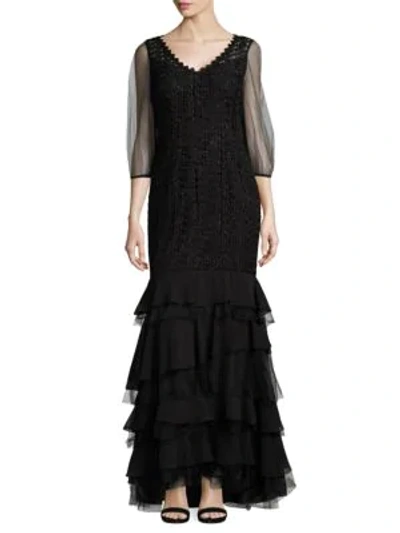 Shop Kay Unger Tiered Mermaid Gown In Black