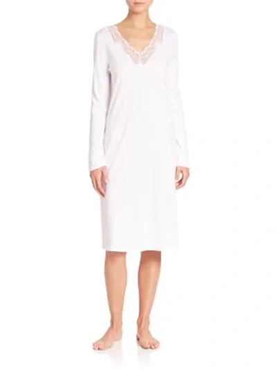 Shop Hanro Valencia Lace-trimmed Long-sleeve Cotton Gown In White