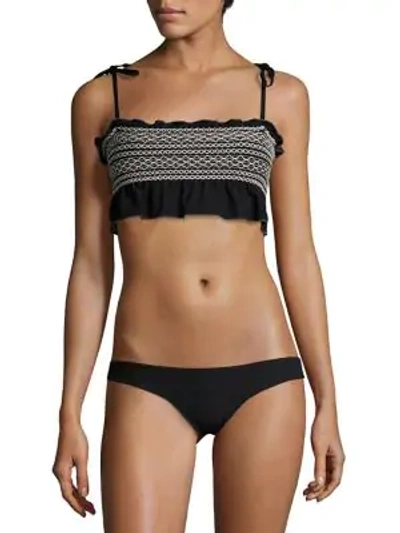 Shop Lisa Marie Fernandez Selena Smocked Crepe Bikini Set In Black Crepe