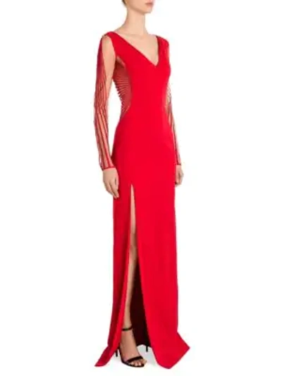 Shop Versace Sheer-sleeve Cady V-neck Gown In Red