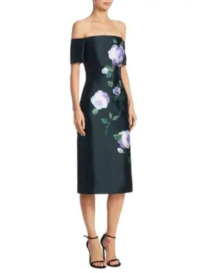 Shop Lela Rose Off-the-shoulder Floral Dress In Emerald