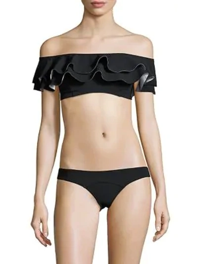 Shop Lisa Marie Fernandez Two-piece Ruffled Off-the-shoulder Bikini In Black