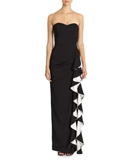 Shop Badgley Mischka Strapless Contrast Ruffle Gown In Black