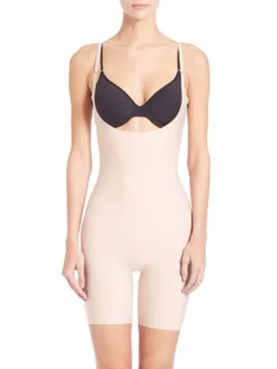 Shop Spanx Thinstincts Open-bust Mid-thigh Bodysuit In Soft Nude