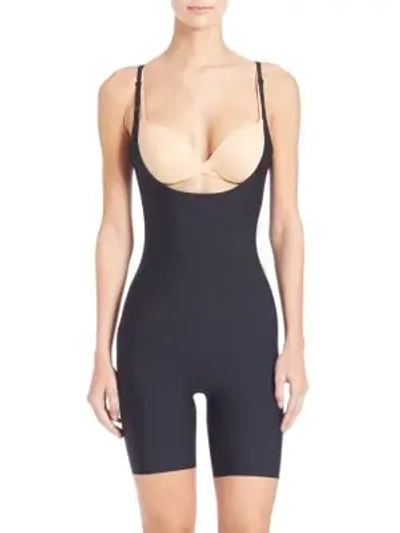 Shop Spanx Thinstincts Open-bust Mid-thigh Bodysuit In Black