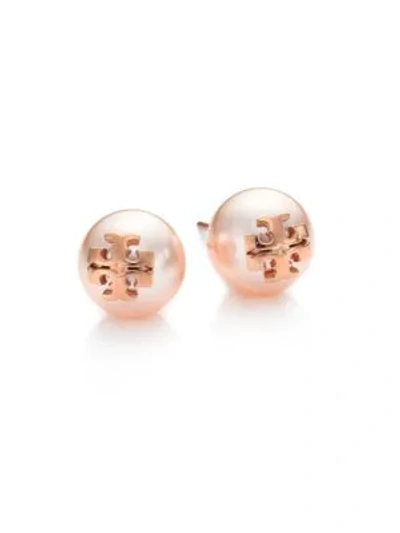 Shop Tory Burch Women's Crystal-pearl Rose Goldtone Logo Stud Earrings