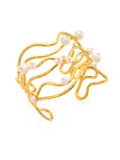 Shop Aurelie Bidermann Cheyne Walk Wire & Freshwater Pearl Cuff Bracelet In Gold