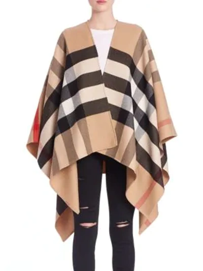 Shop Burberry Charlotte Reversible Check Wool Cape In Camel