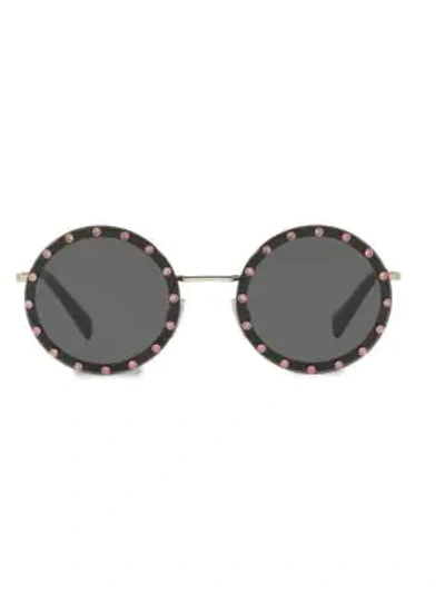 Shop Valentino 52mm Crystal-trim Round Sunglasses In Gold Grey