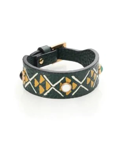 Shop Valentino Primitive Leather Bracelet In Dark Green
