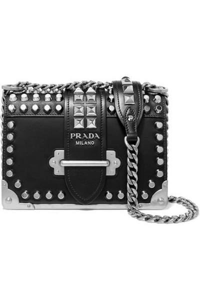 Shop Prada Cahier Studded Leather Shoulder Bag