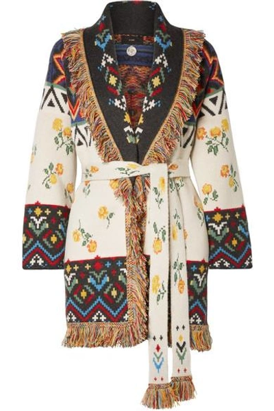 Shop Alanui Fringed Cashmere-jacquard Cardigan In White