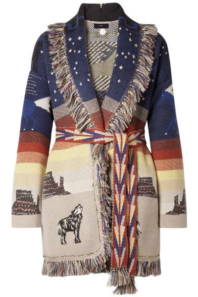 Shop Alanui Fringed Embroidered Cashmere-jacquard Cardigan In Beige