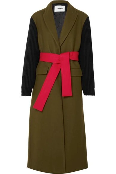 Shop Msgm Wool-blend Felt And Ribbed-knit Coat In Army Green