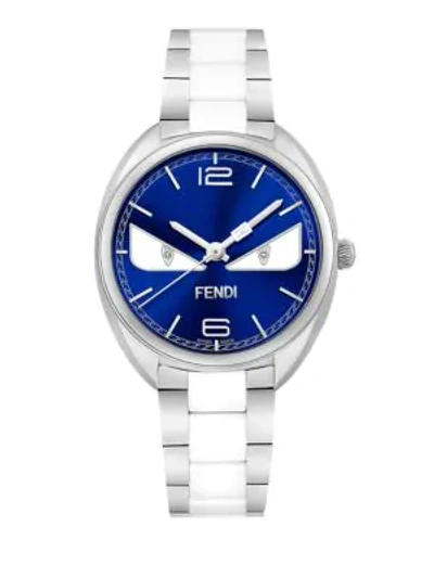 Shop Fendi Momento  Bug Diamond, Stainless Steel & Ceramic Bracelet Watch In Silver-blue
