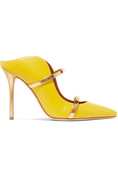 Shop Malone Souliers Maureen 100 Metallic-trimmed Leather Mules In Yellow