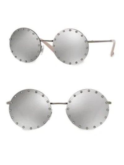 Shop Valentino 52mm Crystal-trim Mirrored Round Sunglasses In Silver