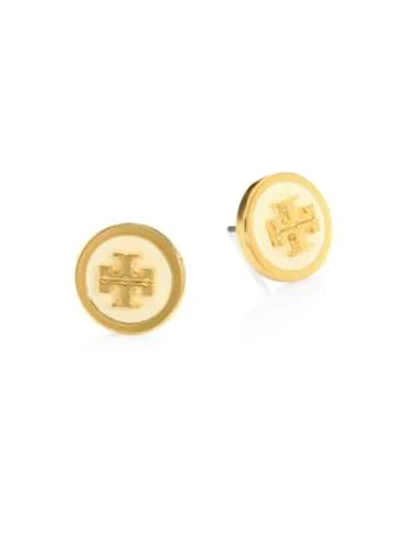 Shop Tory Burch Lacquered Raised Logo Stud Earrings In New Ivory