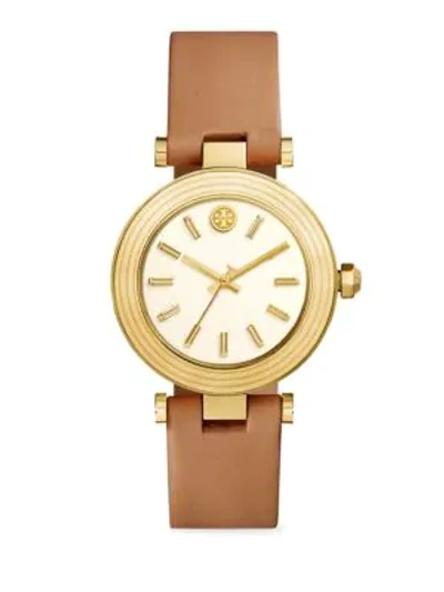 Shop Tory Burch Classic T Leather Strap Watch In Yellow Gold