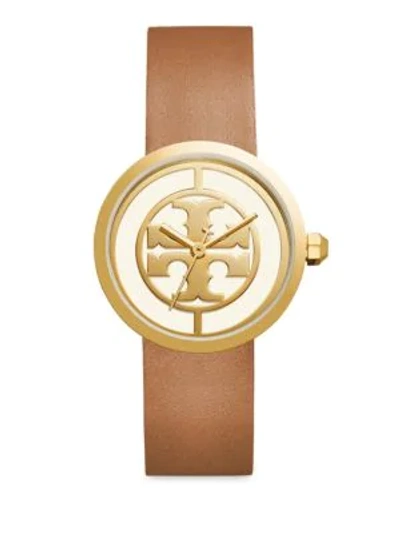 Shop Tory Burch Reva Leather Strap Watch In Yellow Gold